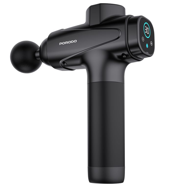 Porodo Multi-Head Relief Deep Massage Gun with Adjustable Massage Intensity, Type-C Fast Charging, Deep Tissue Relief, 30 Speed Levels, LCD Touch Display, 6 Interchangeable Heads, 1500mAh Battery Capacity, 3 Hours  Working Time  - Black
