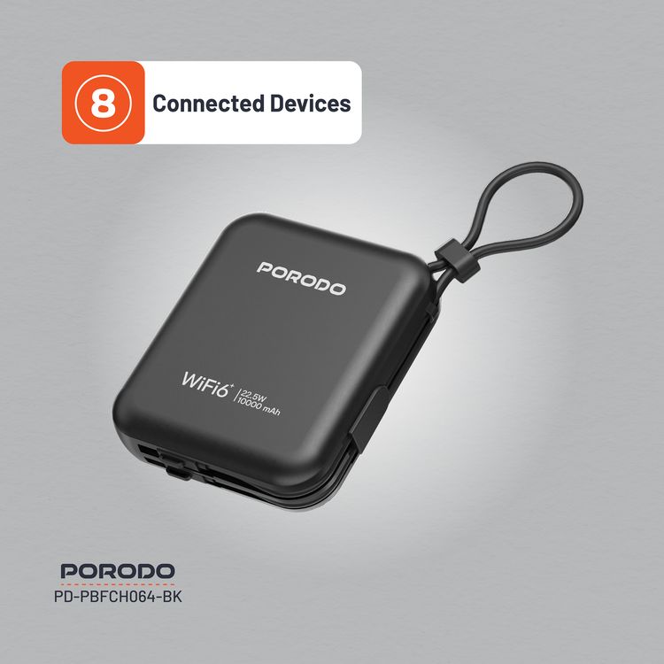 Porodo Portable 4G LTE WiFi Router,10000mAh Battery Capacity, 150Mbps Download Speed, 50Mbps Upload Speed, Built-in Cables, Secure Connection - Black
