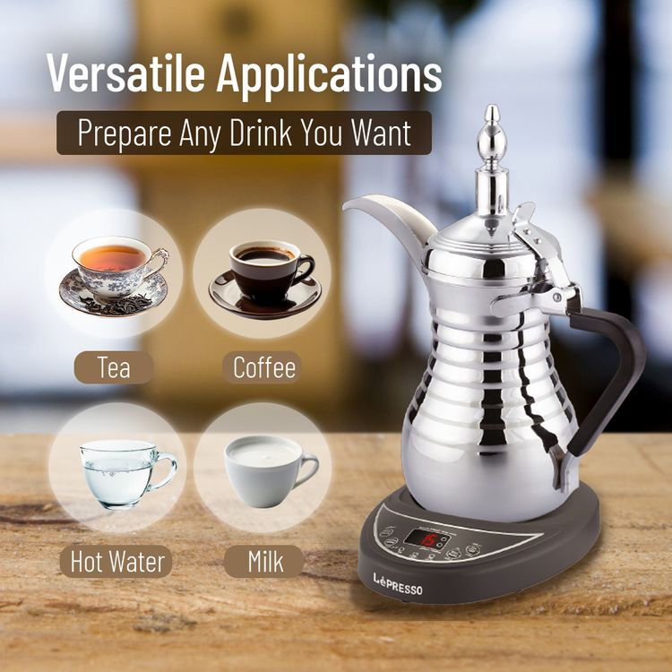 LePresso Arabic Coffee & Tea Dallah with 750mL Capacity, 800W Rated Power, Stainless Steel, Over-Heat Protection, Keep Warm Feature - Silver