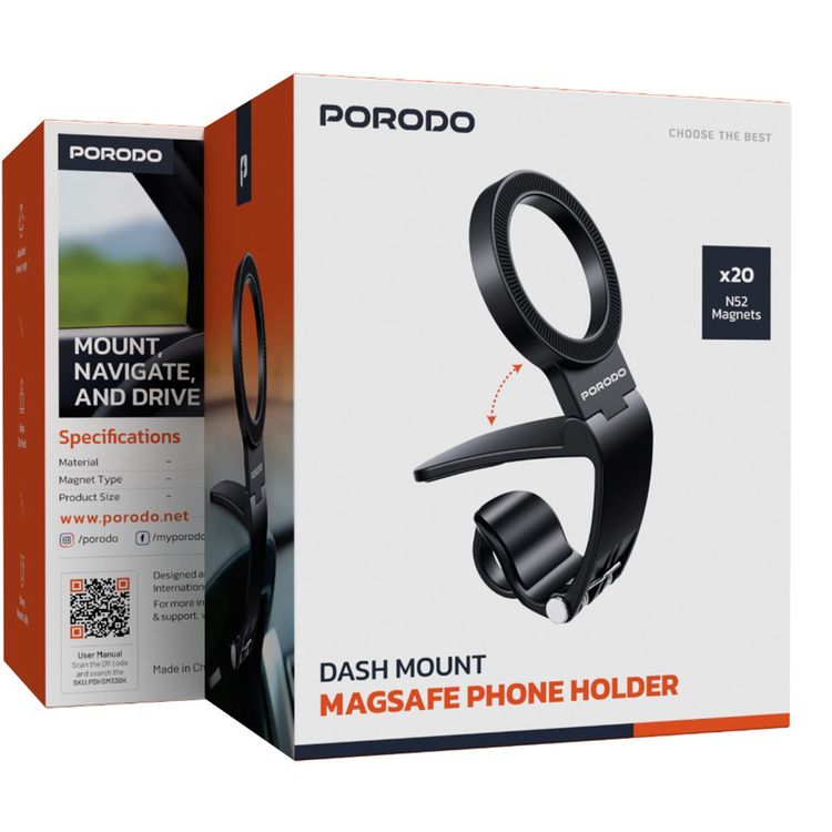 Porodo Dash Mount MagSafe Phone Holder with 20x N52 Magnets, ABS Material, Strong Magnetic Hold, Sturdy Clip Mount, Adjustable Viewing Angle - Black