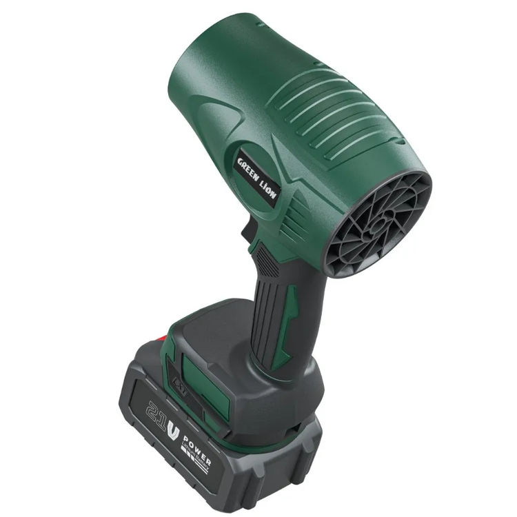 منفاخ Green Lion Storm Jet اللاسلكي مع بطارية قابلة للفصل 21V، محرك بدون فرشاة ورياح فائقة القوة، مدى 36,000 دورة في الدقيقة، قوة 1000 واط - أخضر