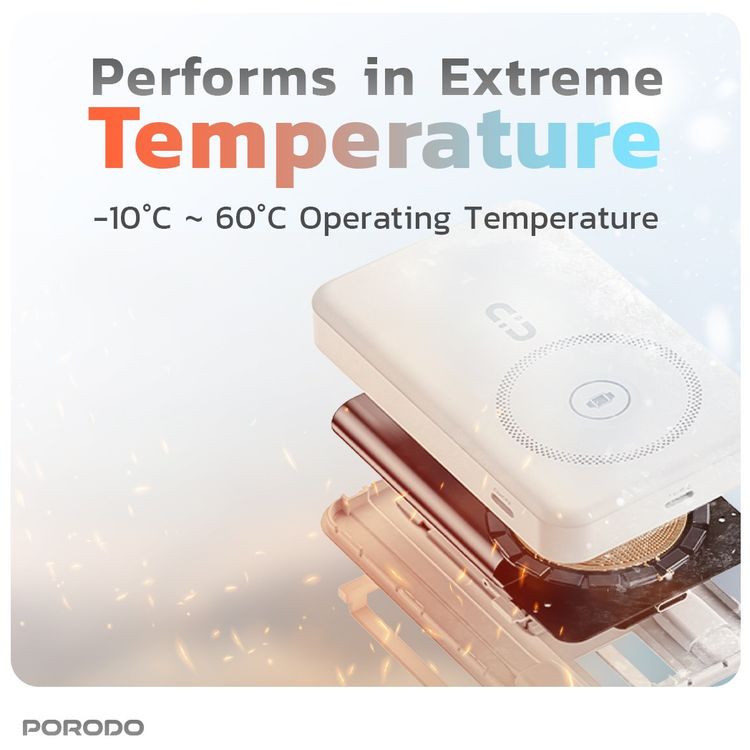 بورودو بنك طاقة لاسلكي مغناطيسي 10000 مللي أمبير/ساعة مع حامل كابل مدمج USB-C + Lightning، شحن متزامن، شاشة رقمية، PD 22.5 واط - أبيض