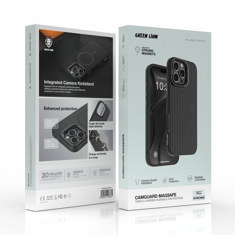 Green Lion Camguard Magsafe Case for iPhone 16 Pro Max, Camera Guard Kickstand, Hands Free Stand, Camera Protection - Black 