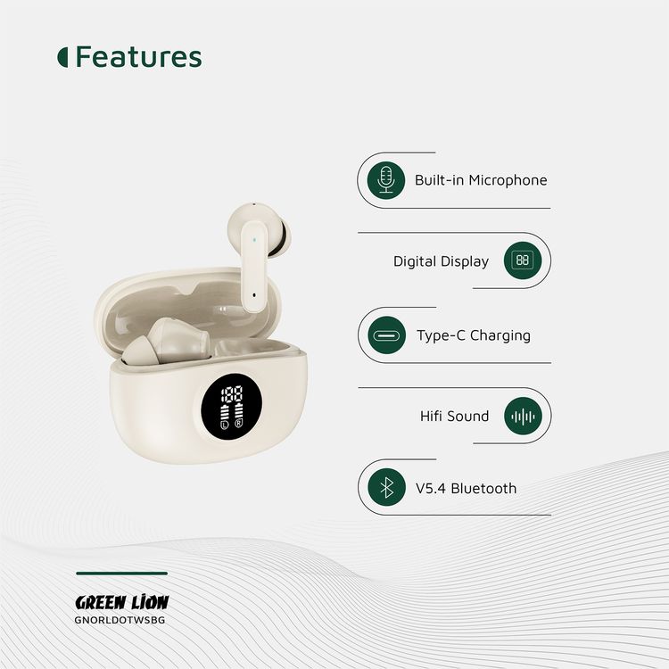 Green Lion Orlando True Wireless Earbuds with Digital Display, HiFi Sound, Built-in Microphone, Voice Assistant, 4.5 Hours Playtime, Type-C Charging - Beige