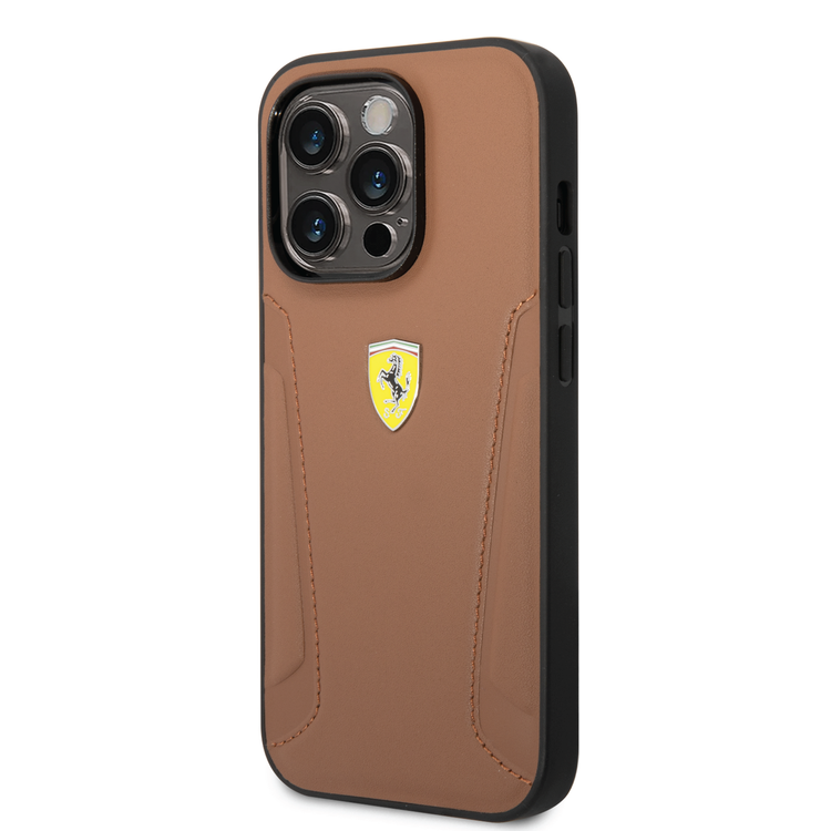 Ferrari Leather Case With Hot Stamped Sides & Yellow Shield Logo - iPhone 14 Pro Max - Camel