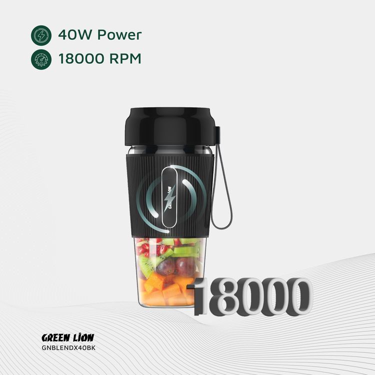 عصارة Green Lion G-Blend X المحمولة بسعة 300 مل، سعة بطارية 1500 مللي أمبير، مادة البرطمان من البولي كربونات، مادة الشفرة من الفولاذ المقاوم للصدأ، منفذ شحن من النوع C، وقت شحن 3-4 ساعات - أسود