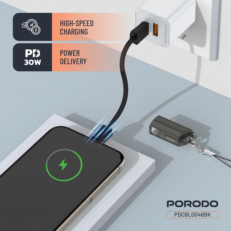 Porodo Chargeloop Keychain USB-C to Lightning Data Cable with 30W PD Output, 480Mbps Data Transfer Rate, 20cm Cable Length, Durable Zinc Alloy & Nylon Braided Material, High-Speed Charging, Compact Design - Black