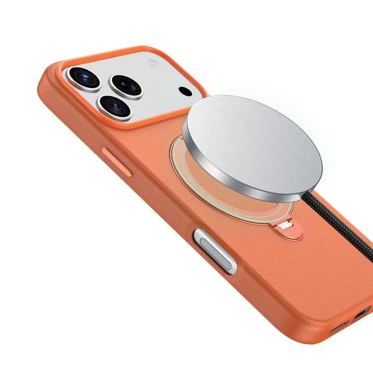 Green Lion Minster Leather MagSafe Case with Foldable Stand Design for iPhone 17 Pro Max, Anti-Fingerprint, 360° Rotatable Stand, Anti-Scratch, Camera Protection, Comfortable Grip - Orange