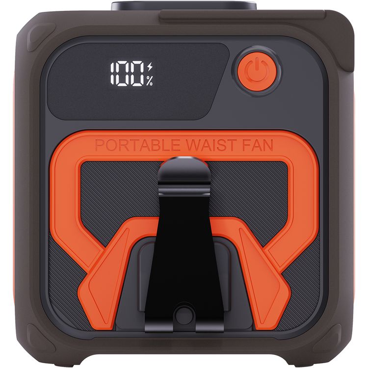 Porodo Lifestyle Multifunction Cooling Waist Fan with 10000mAh Power Bank, Flash Light, Powerful Wind, Digital Display, 5 Speed Levels, 40 Hours Working Time, 4 Hours Charging Time, Neck Strap - Orange / Brown