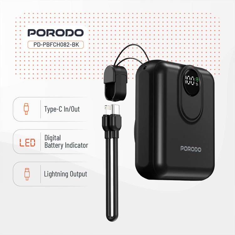 Porodo 10000mAh MagSafe Power Bank with Detachable USB-C to Lightning Cable, 22.5W Power Delivery, Digital Battery Indicator, 15W Maximum Wireless Output - Black