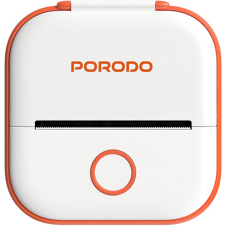 Porodo Lifestyle Pocket HD Thermal Printer with 1000mAh Battery Capacity, 1.5 Hours Working Time, 2.5 Hours Charging Time, Type-C Charging Port, Inkless Printing, 50 mm Label Width, High Definition - Orange / White