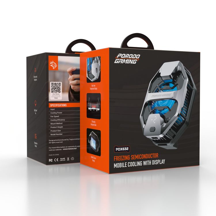 مبرد هاتف بشاشة LED للألعاب من Porodo مع مروحة عالية السرعة وطريقة تثبيت بمشبك زنبركي وقوة تبريد 18 وات وتصميم بمشبك - رمادي 