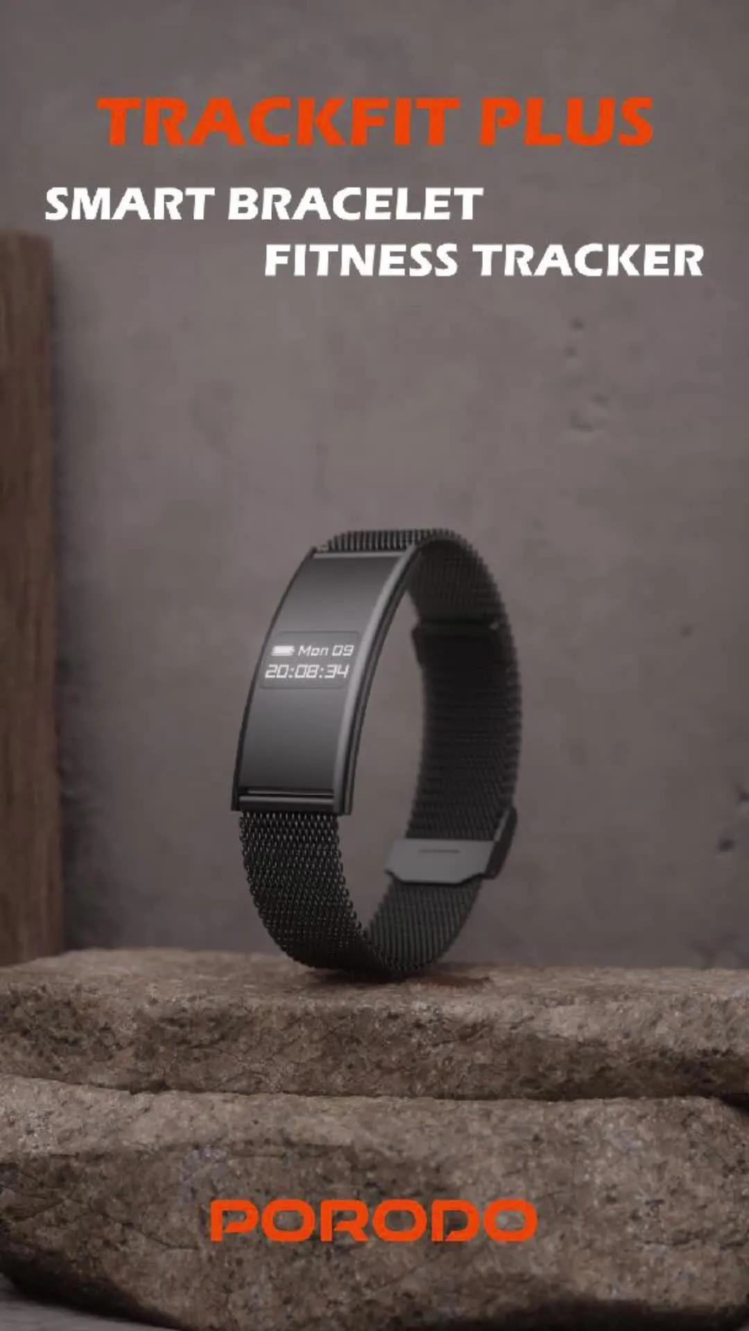 Porodo Trackfit Plus Smart Bracelet Fitness Tracker with 7 Days Working Time, Display App, IPX8 Water Resistance Level, Activity & Health Tracker, Wrist Optical Sensor, Heart Rate, Blood Pressure & Blood Oxygen Monitoring, Full Day Automatic Sleep Track, Shake to Take a Photo - Black