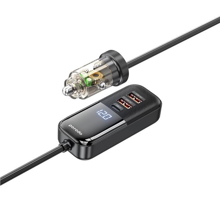 شاحن سيارة شفاف متعدد المنافذ من بورودو بقوة 120 وات مع منفذي USB-C وUSB-A، ومحور شحن سريع، مصنوع من سبائك الألومنيوم ومواد الكمبيوتر، بطول كابل 1.5 متر، متوافق عالميًا، شحن متزامن، شاشة رقمية - أسود