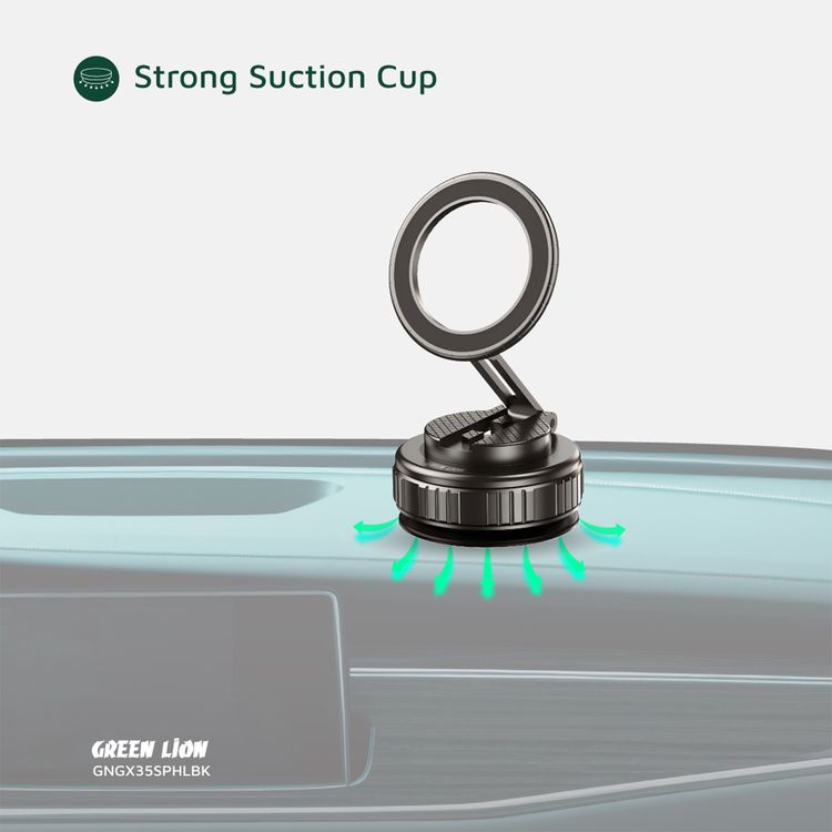 Green Lion GX-35 Suction Phone Holder with 360° Rotation, MagSafe Compatibility, N52×17 Magnets, 2kg Adsorption Force, Zinc Alloy Arm, 50kPa Pressure, Foldable Design - Black