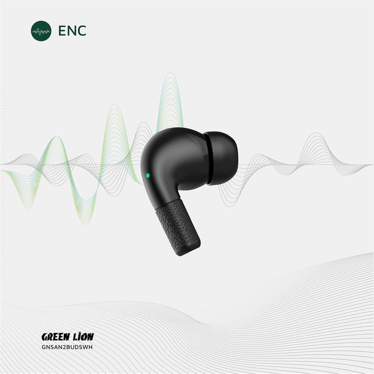 Green Lion Santorini 2 True Wireless Earbuds with Touch Controls, Up to 5 Hours Play Time, ABS Material, 2500 Hours Standby Time, 13mm Speaker Size, ENC Dual Microphones, High-Quality Sound, Voice Assistant - Black