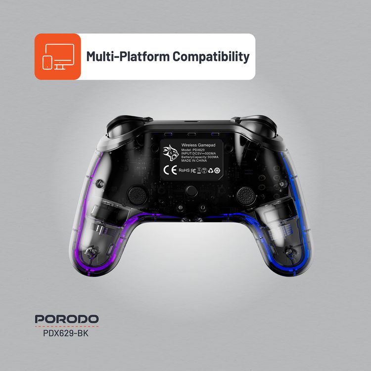 وحدة تحكم شفافة من Porodo Gaming PS4، PS4، PS3، PC (مدخل D، مدخل X)، متوافقة مع iOS وAndroid، مقبس صوت TRRS مقاس 3.5 مم، منفذ شحن من النوع C، وقت عمل من 6 إلى 16 ساعة - أسود