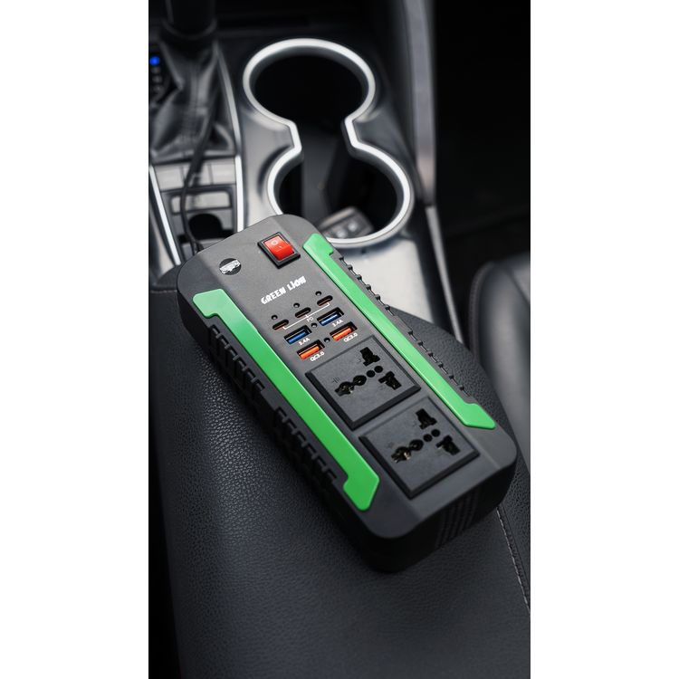 محول طاقة Green Lion Spark 300، 2 مقبس تيار متردد، 3 منافذ PD من النوع C، 4 منافذ USB-A، طاقة قصوى 300 وات، حماية من الجهد العالي - أسود