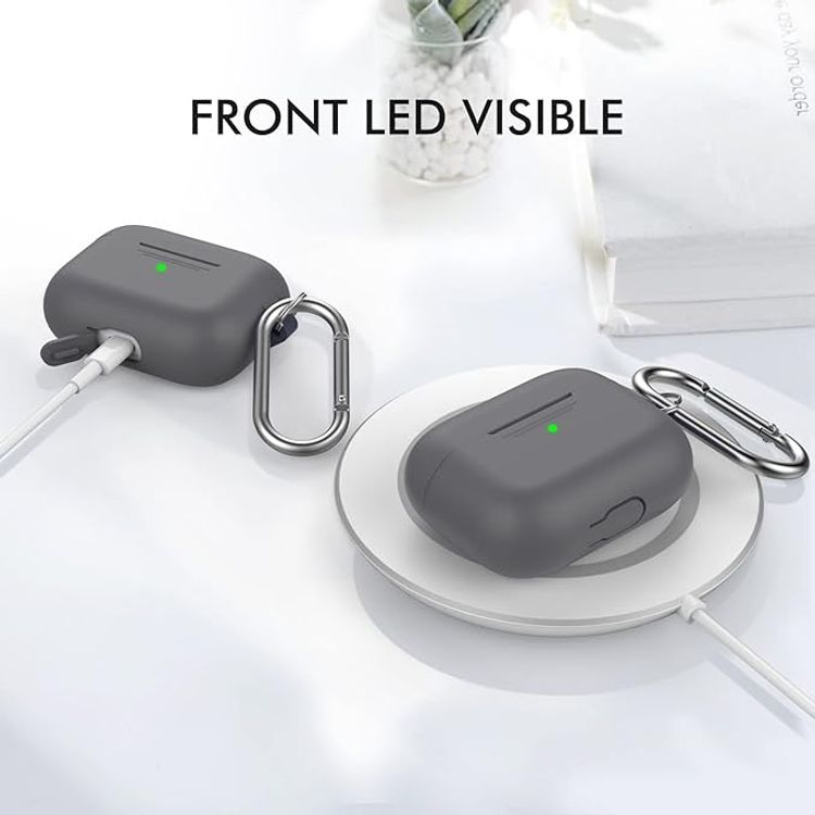 حافظة سيليكون فاخرة بتصميم ثلاثي الأبعاد من Ahastyle مع حلقة تثبيت متوافقة مع AirPods Pro - تصميم كلاسيكي مريح - غطاء مقاوم للغبار والصدمات يدعم الشحن اللاسلكي - رمادي غامق