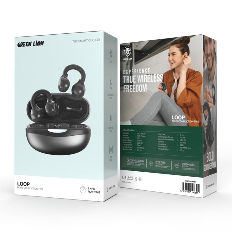 Green Lion Loop Bone Conduction TWS Earbuds, Type C Charging Port, Multi-Function Touch, Hands-Free Calls, Sweat Proof, True Stereo - Black 