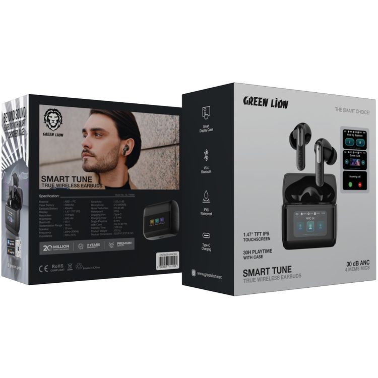 Green Lion Smart Tune True Wireless Earbuds with ANC, Smart Display Case, 500mAh Case Battery Capacity, 10m Transmission Range, IPX5 Waterproof - Black