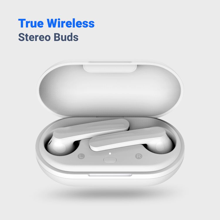 سماعات أذن لاسلكية من Powerology True Stereo Buds، مدة تشغيل تصل إلى 16 ساعة، بلوتوث 5.0، ملاءمة عالمية آمنة، تحكم باللمس، سعة بطارية 500 مللي أمبير في الساعة - أبيض 