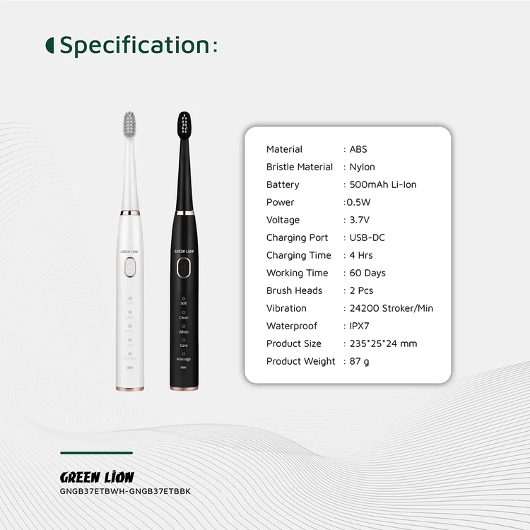 Green Lion GB-37 Electric Toothbrush with 5 Cleaning Modes, 60 Days Working Time, Waterproof, Ergonomic Design, 500mAh Battery Capacity, LED Indicator - Black  