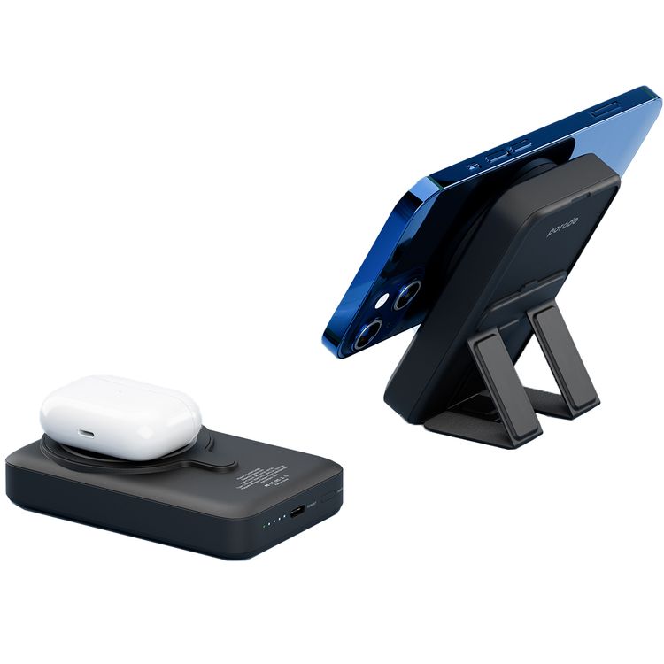 Porodo 10000mAh MagSafe Power Bank with Built-in Foldable Stand, 15W Maximum Wireless Output, 20W Power Delivery, Fast Charging Support, 18W Type-C Input - Black