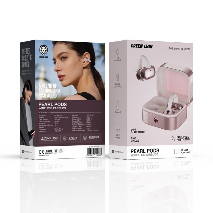 Green Lion Pearl Pods Wireless Earbuds with 16 Hours Play Time, Soft Ambient LED, Open-Ear Clip-On Design, IPX4 Water Resistance Level, USB-C Charging Port, Bluetooth Version 6.0, ENC Calls, Sculpted Aesthetic - Pink