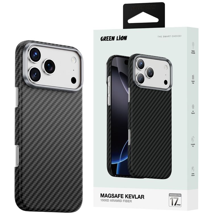 Green Lion Magsafe Kevlar Case for iPhone 17 Pro, Comfortable Grip, Aluminum Alloy Guard, Drop Protection, Lightweight Design, Ultra-Slim - Black