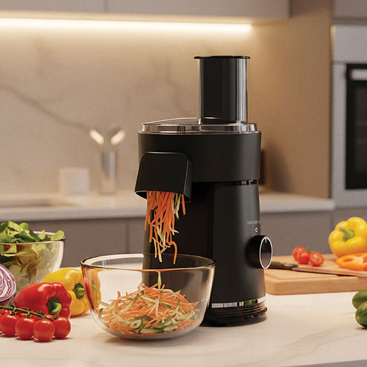 صانع السلطات 6 في 1 من جرين ليون بسعة 900 مل، شفرات من الفولاذ المقاوم للصدأ، قوة 200 وات، قاعدة مانعة للانزلاق، يشمل 6 شفرات للتقطيع، مع ضاغط طعام، غطاء مع قفل أمان، مواد غذائية، طول السلك 1 متر، - اللون: أسود