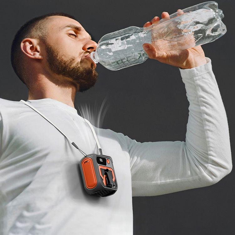 Porodo Lifestyle Multifunction Cooling Waist Fan with 10000mAh Power Bank, Flash Light, Powerful Wind, Digital Display, 5 Speed Levels, 40 Hours Working Time, 4 Hours Charging Time, Neck Strap - Orange / Brown