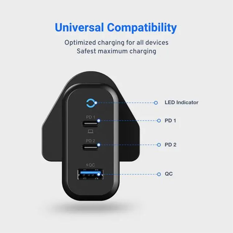 Powerology Compact 3-Output UK GaN Charger with 65W Power Delivery, Laptop Charging Compatibility, Reliable Companion, 0%-60% Charge in 35 Minutes - Black