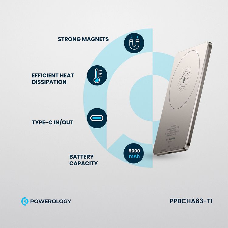 Powerology Ultra-Thin 5000mAh MagSafe Power Bank, Portable & Lightweight, Efficient Heat Dissipation, Aluminum Housing, Built-In Safeguards, Strong Magnet - Titanium