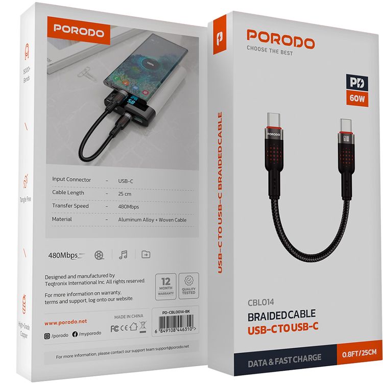 Porodo USB-C to USB-C Braided Cable with 60W Power Delivery, 480Mbps Transfer Speed, Braided & Tangle-Free Design, 15000+ Bends Lifespan, Fast Charge & Data Sync - Black