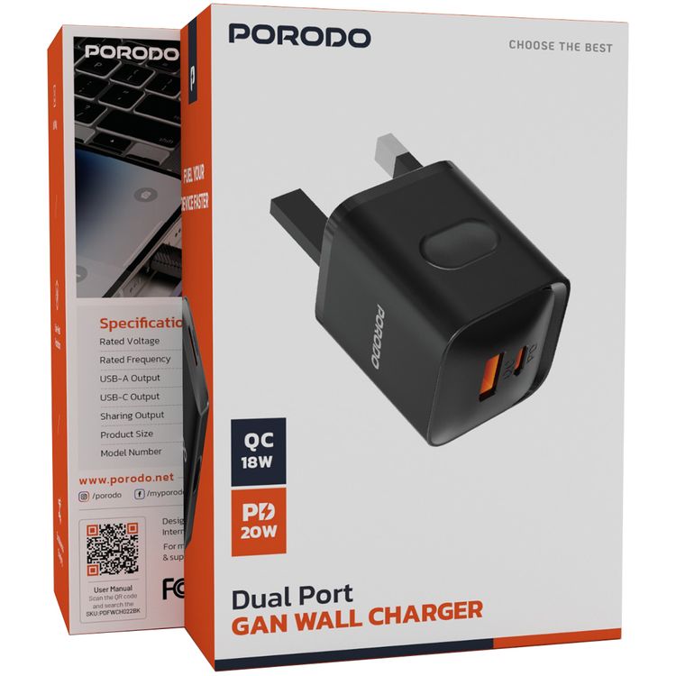 Porodo Dual Port Wall Charger, UK Plug, QC 20W, PD 20W, Over-Heat Protection, Simultaneous Charging, Reliable Companion - Black