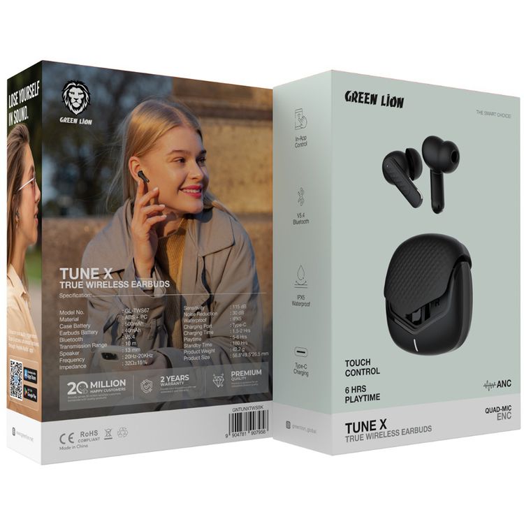 Green Lion Tune X Wireless Earbuds Tune with Touch Control, IPX3 Water Resistance Level, Type-C Charging Port, Bluetooth Version 5.4, In-App Control, ABS + PC Material - Black