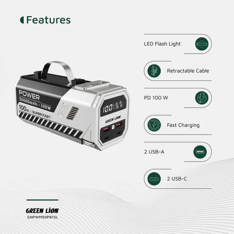 Green Lion Power Max 100W 50000mAh Power Bank with Built-in 1.5m Retractable Cable, 2× USB-A, 2× USB-C Ports, Digital Display, LED Flash Light - Silver