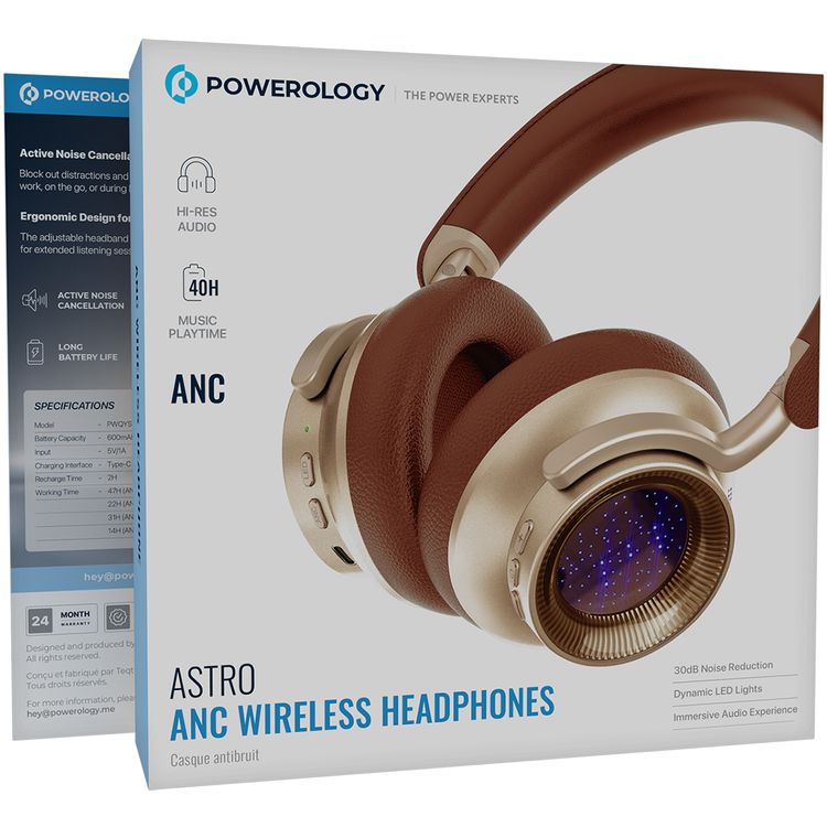 Powerology Astro ANC Wireless Headphones with Up to 40 Hours Play Time, Wireless & Wired Modes, Bluetooth Version 5.4, Customizable LED Lights, 600mAh Battery, Ergonomic Design, 95 Hours Standby Time, 40mm Driver Size - Khaki