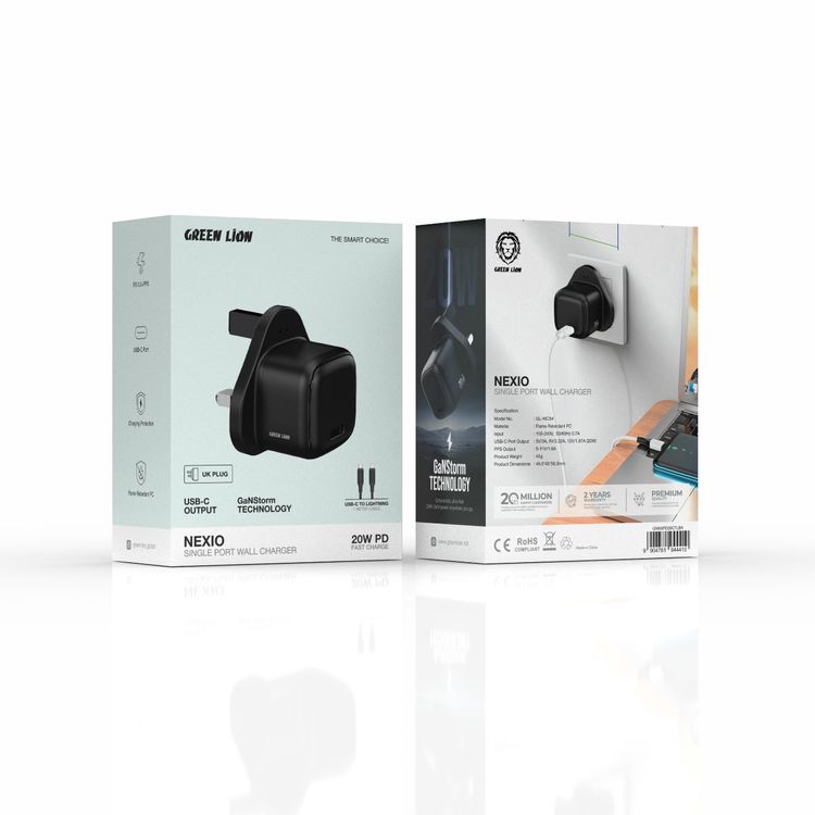 Green Lion NEXIO Single Port Wall Charger with UK Plug, 20W Power Delivery, Charging Protection, Flame Retardant PC Material, USB-C to Lightning Cable - Black