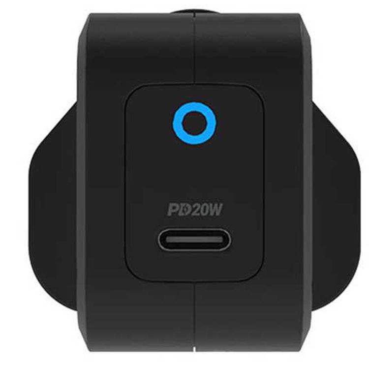 Powerology Ultra-Compact GaN Charger with 20W Power Delivery, UK 3-Pin Plug, Built-in Safeguards, USB-C Fast Charging, 0%-60% Charge in 35 Minutes - Black