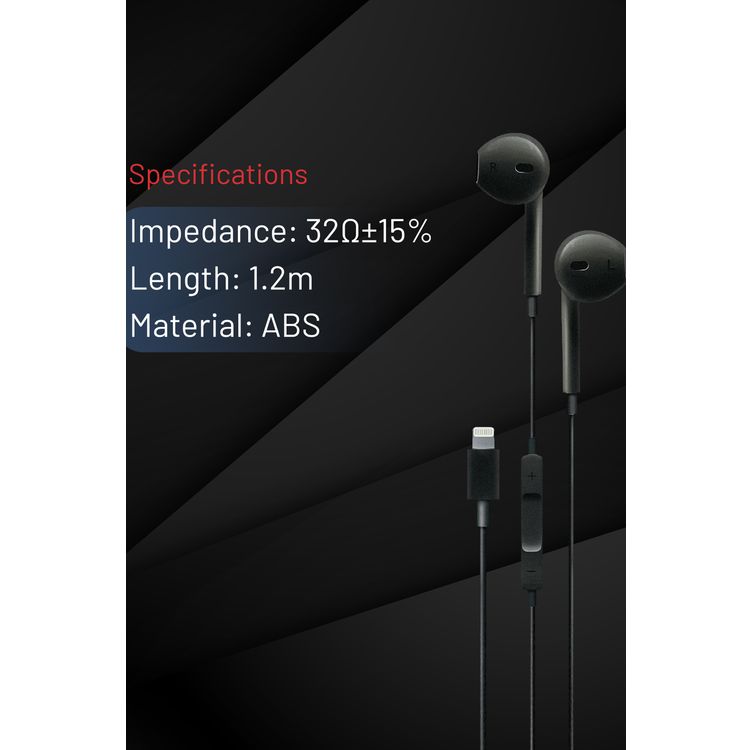 Porodo Soundtec Stereo Wired Earphones with 1.2m Lightning Cable Length, 3 Button Control, High-clarity Microphone, High Sound Quality and Deep Bass, Answer & Close Call - Black
