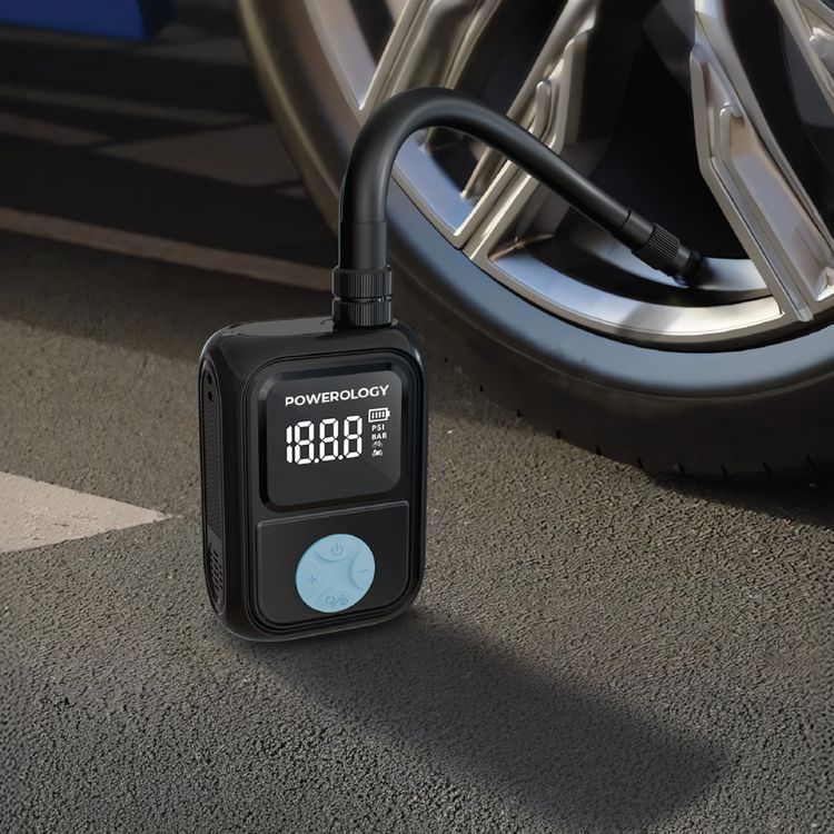  Powerology Portable Electric Tire Inflator with 3 Inflation Modes for Bicycle & Motorcycle & Ball, 48W Rated Power, 600mAh Battery Capacity, USB-C Charging Interface, Heat Dissipation Vent, Digital Display - Black