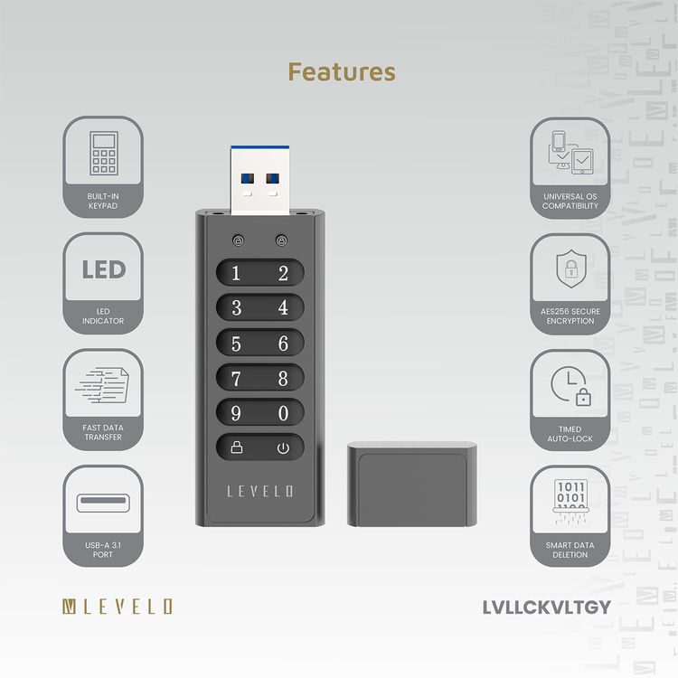 Levelo Lockvault Digital 128GB Encrypted USB Flash Drive with USB-A 3.1 Gen 1 Connector, 160MB/s Reading Speed, 120MB/s Writing Speed, AES256 Encryption Method - Gray