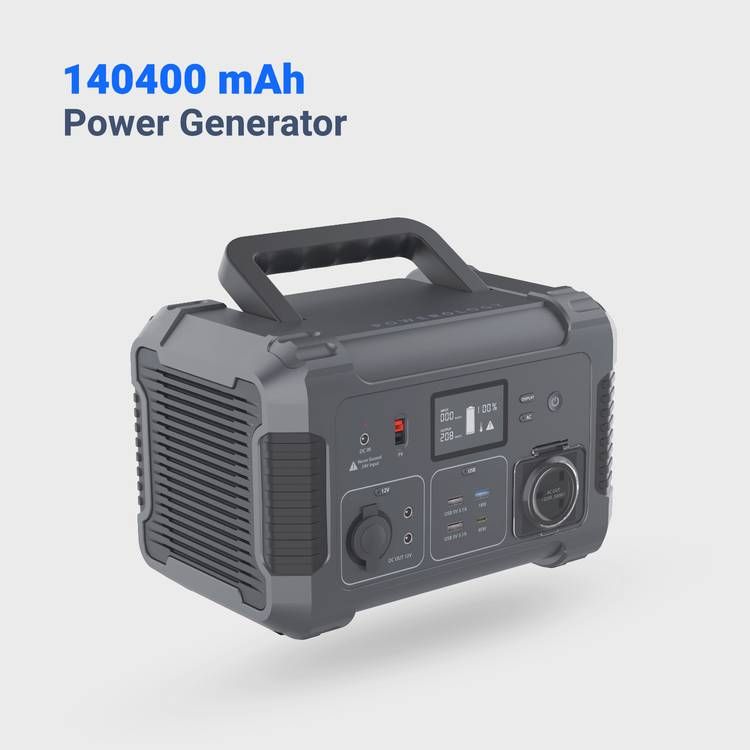 Powerology Portable Power Generator with LCD Information Panel, 140400mAh, 500W, QC 18W, PD 45W, Max Surge 750W, Overload and Overheating Safeguards, Solar Panel - Black
