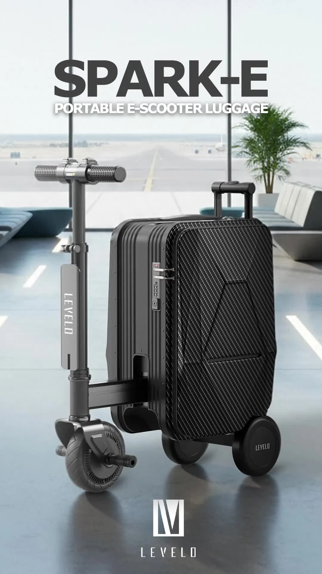 Levelo Spark-E Portable E-Scooter Luggage with Smooth-Rolling Wheels , Ultra-Light Carbon Fiber Construction, TSA Lock, Smart Telescopic Handle, Effortless Travel, Reverse gear, 250W Motor Power, 20L Luggage Capacity,  110kg Max User Weight - Black