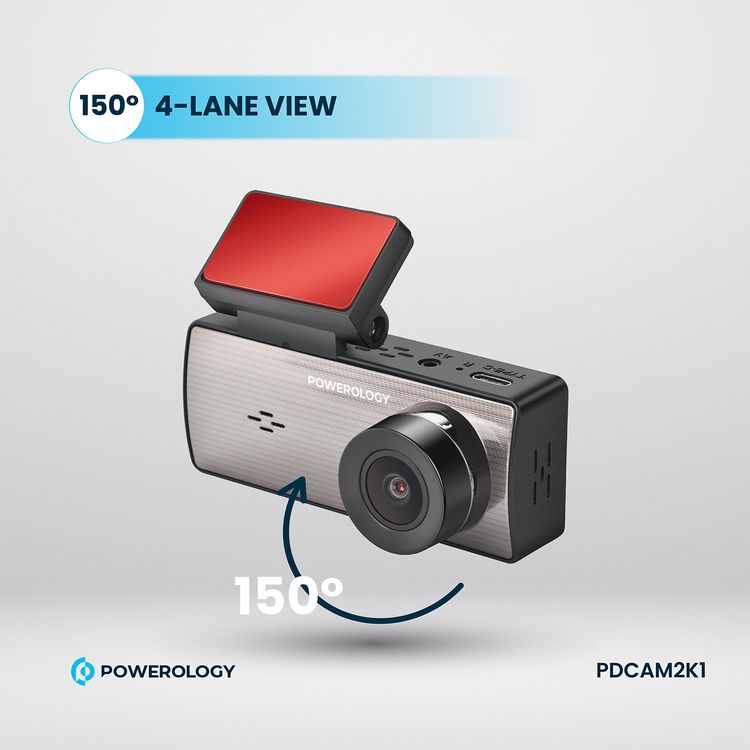 Powerology Dual Recording Dash Camera, Built-in Microphone & Speaker, 150° 4-Lane View, Collision Detection, 3.16" Wide Screen, Patented Design, Loop Recording, Parking Monitor, Type-C Charging Port, MP4 Video Format & JPG Photo Format - Black