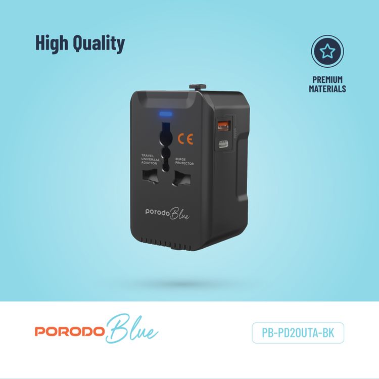 Porodo Blue Dual Port 20W Power Delivery and 18W Quick Charge Universal Wall Charger with US/AU/EU/UK Plugs, Built-in Safeguards - Black