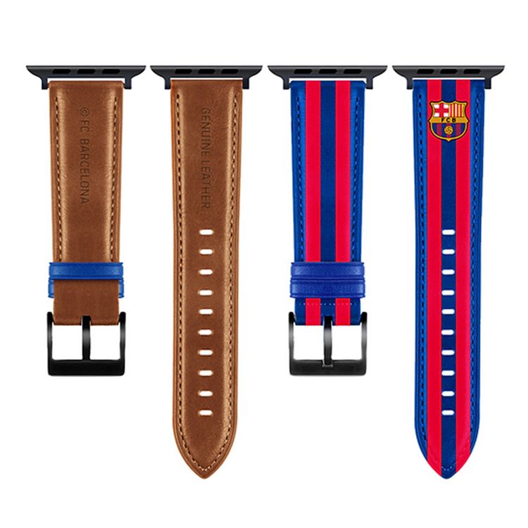 فرقة جلد طبيعي لنادي برشلونة لـ Apple Watch 44/45 مم، مصنوعة يدويًا من مواد فاخرة، لطيفة على البشرة، نوع إغلاق دبوس وطوي، متينة وناعمة - باللونين الأزرق والقرمزي.