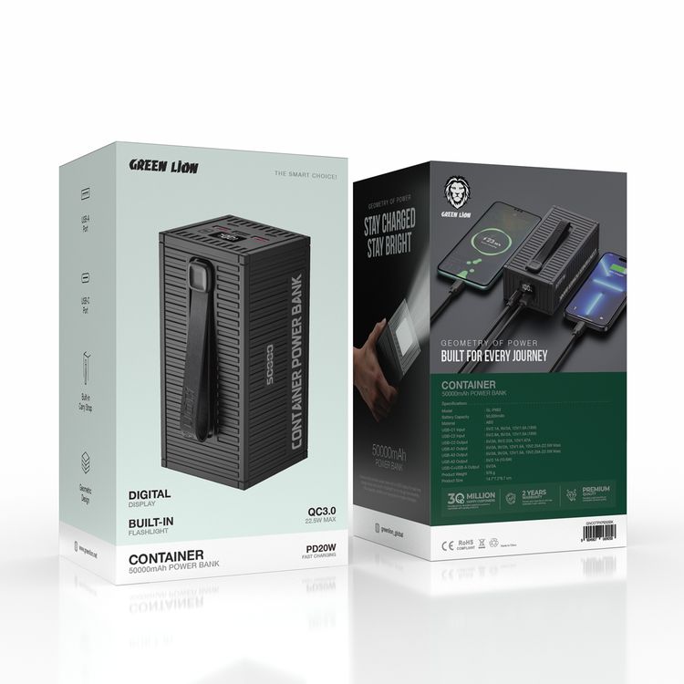 بنك الطاقة جرين ليون كونتينر بسعة 50000mAh مع كابل شحن 4 في 1، مصباح يدوي مدمج، عرض رقمي، شحن سريع PD20W، QC3.0 22.5W، حزام حمل مدمج - لون أسود.